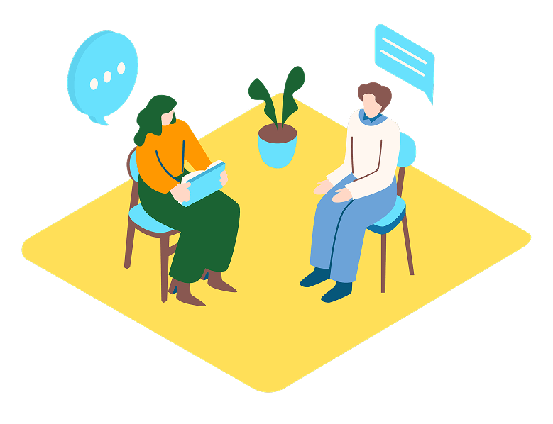 2人の女性が椅子に座って話をしている